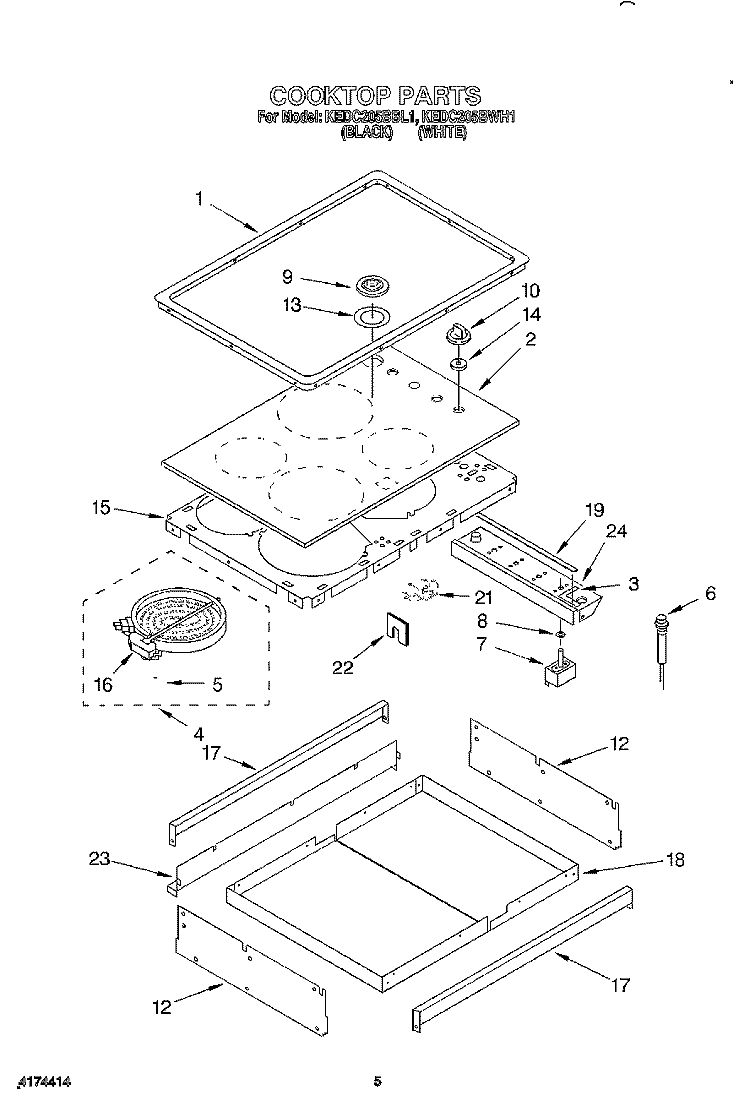 COOKTOP, LIT/OPTIONAL Diagram and Parts List for KEDC205BWH1  KitchenAid Range