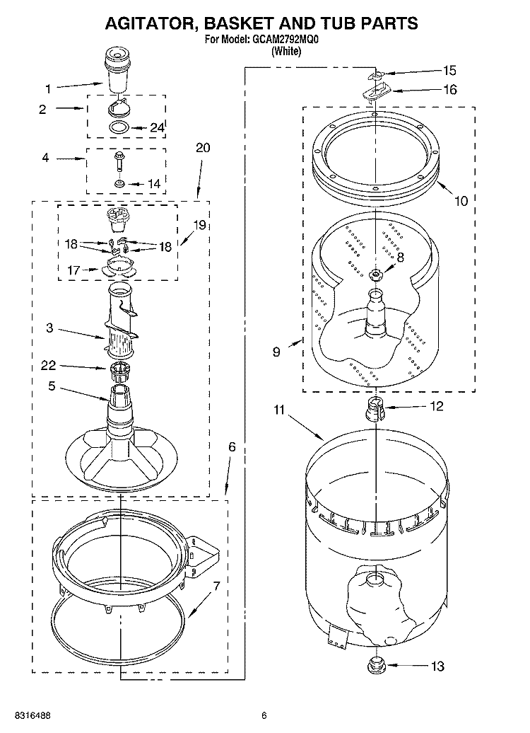 AGITATOR, BASKET AND TUB PARTS Diagram and Parts List for GCAM2792MQ0  Whirlpool Washer