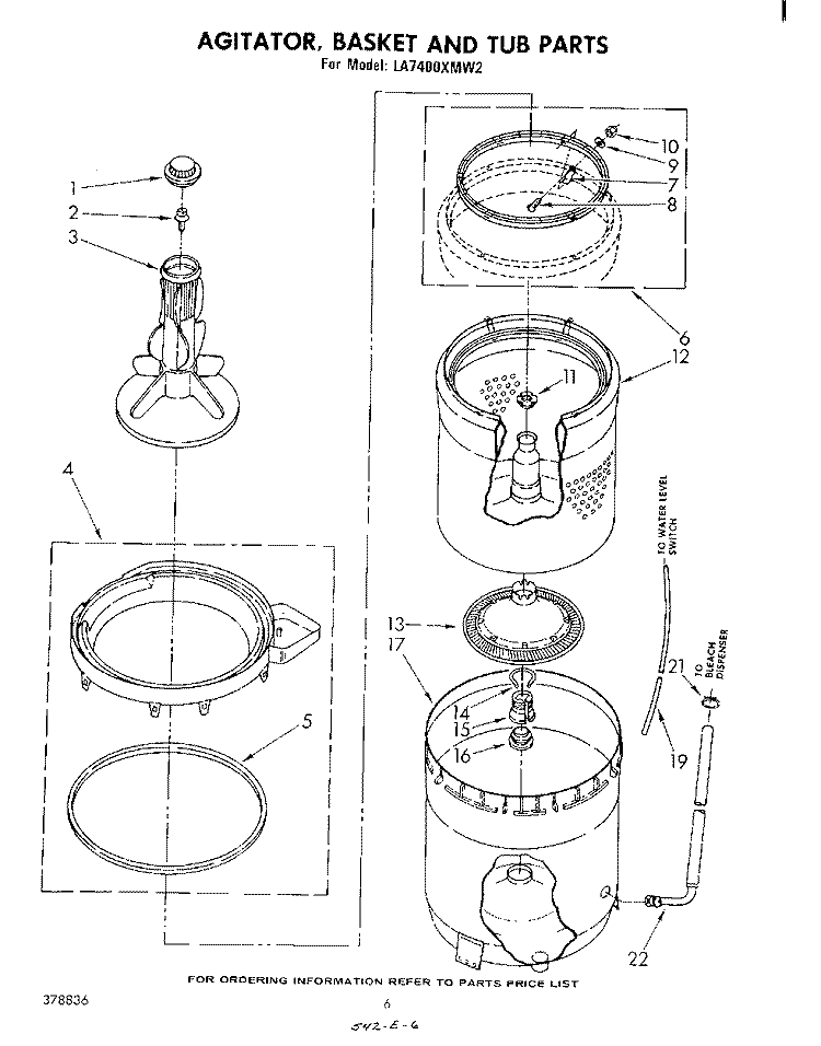 AGITATOR, BASKET, AND TUB Diagram and Parts List for LA7400XMW2  Whirlpool Washer
