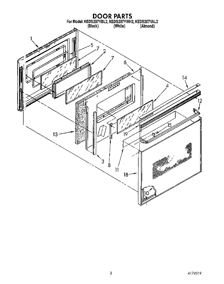 DOOR Diagram and Parts List for KEDS207YWH2  KitchenAid Range