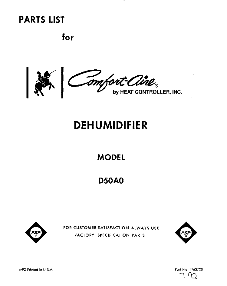 SECTION Diagram and Parts List for D50A0  Whirlpool Dehumidifier