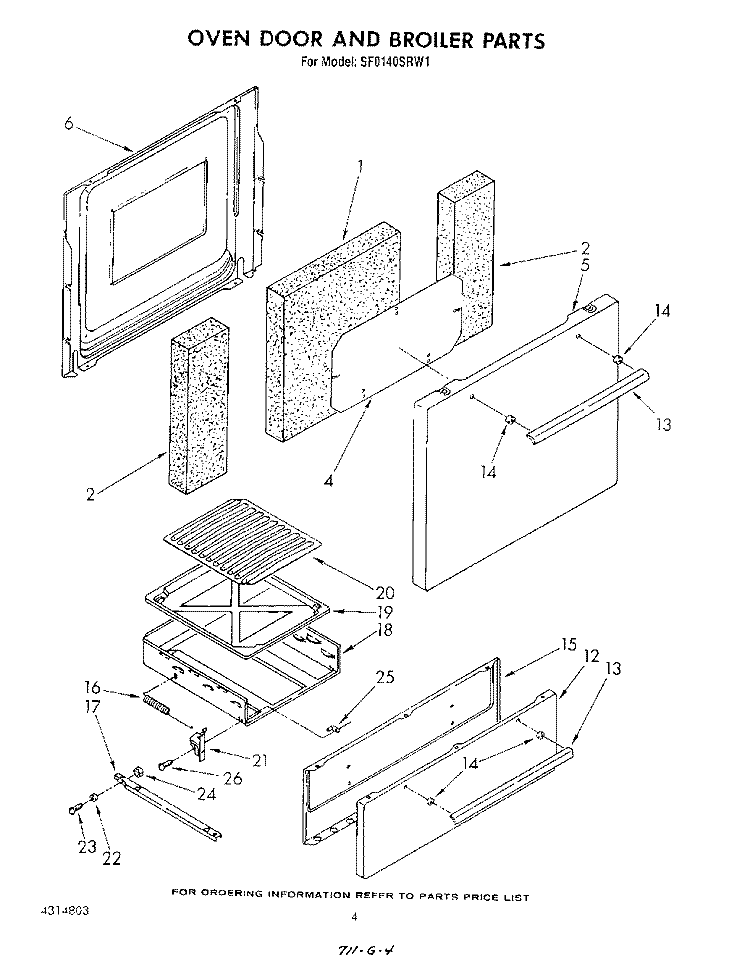 OVEN DOOR AND BROILER Diagram and Parts List for SF0140SRW1  Whirlpool Range