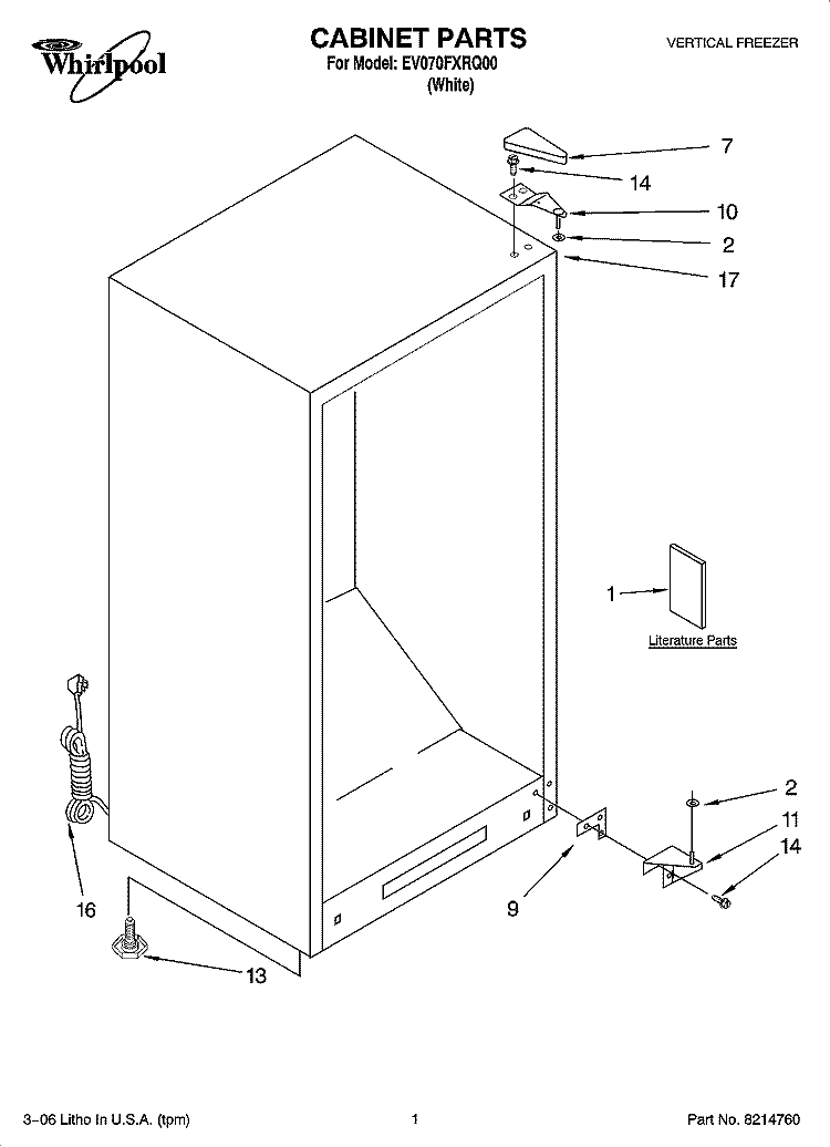 CABINET PARTS Diagram and Parts List for EV070FXRQ00  Whirlpool Freezer