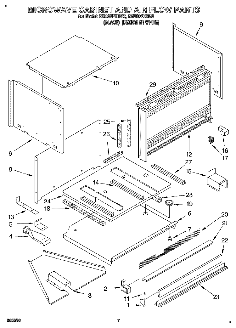 MICROWAVE CABINET AND AIR FLOW Diagram and Parts List for RM280PXBB2  Whirlpool Microwave Oven Combo