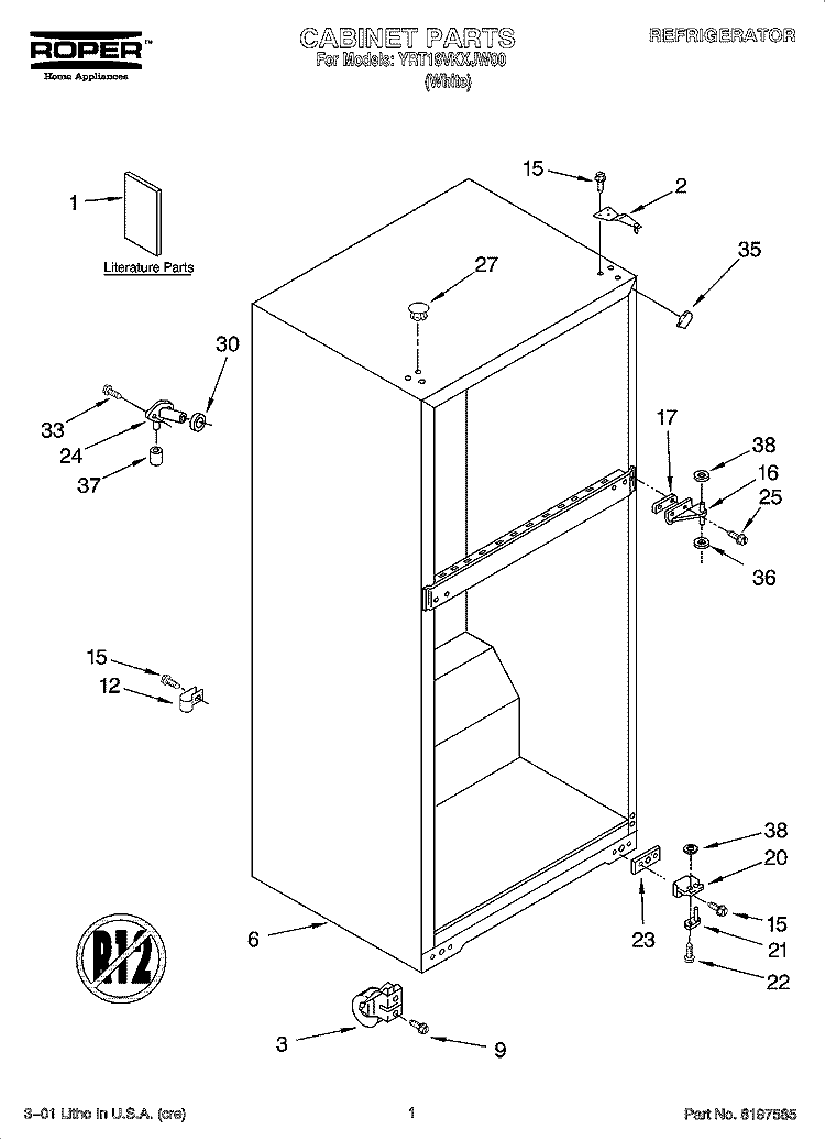 CABINET PARTS Diagram and Parts List for YRT18VKXJW00  Roper Refrigerator