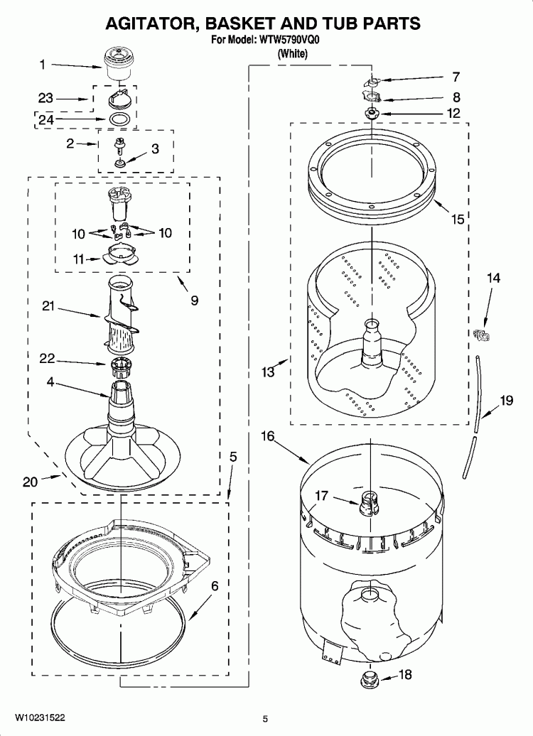 AGITATOR, BASKET AND TUB PARTS Diagram and Parts List for WTW5790VQ0  Whirlpool Washer