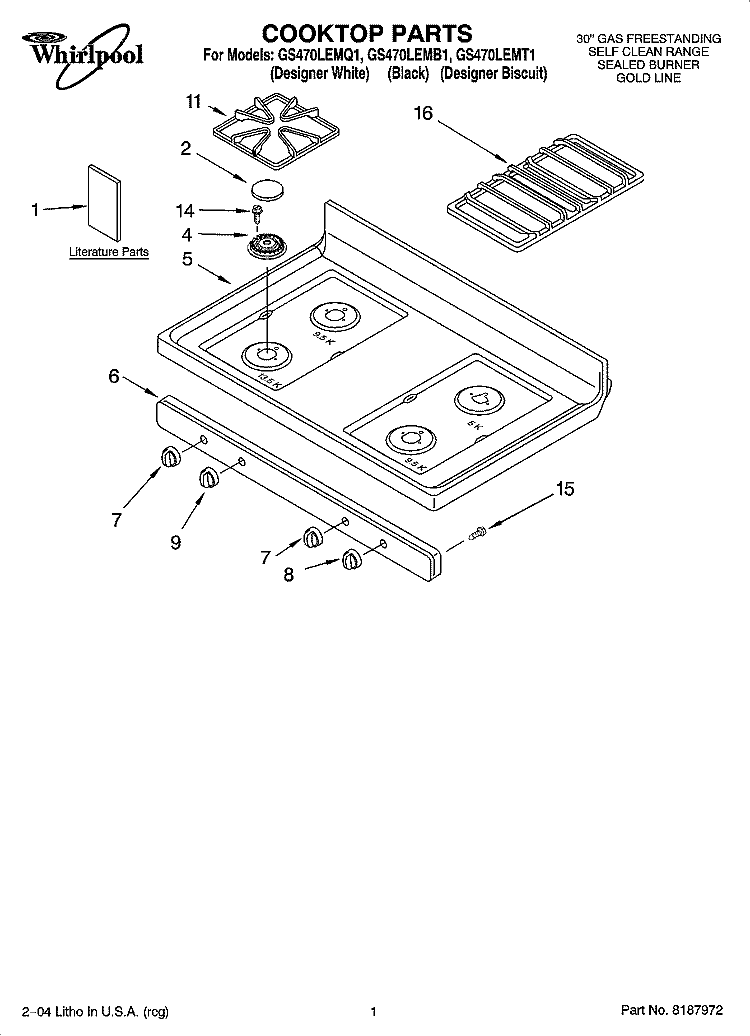 COOKTOP PARTS Diagram and Parts List for GS470LEMB1  Whirlpool Range