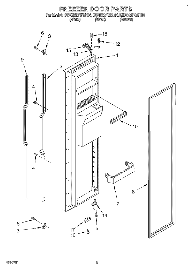 FREEZER DOOR Diagram and Parts List for KSRS22FGBT04  KitchenAid Refrigerator