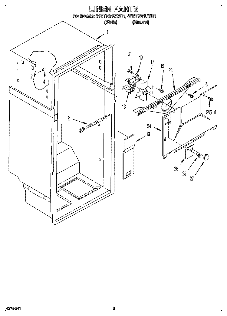 LINER Diagram and Parts List for 4YET18PKAN01  Whirlpool Refrigerator