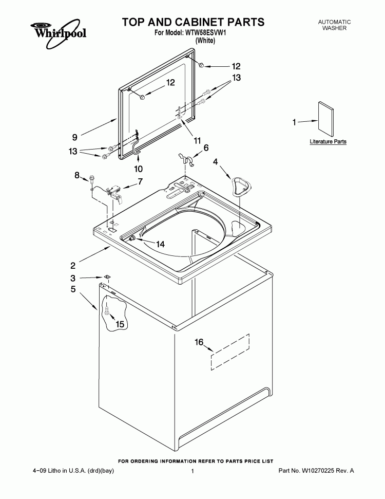 TOP AND CABINET PARTS Diagram and Parts List for WTW58ESVW1  Whirlpool Washer