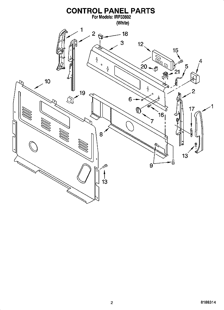 CONTROL PANEL PARTS Diagram and Parts List for IRP33802  Inglis Range