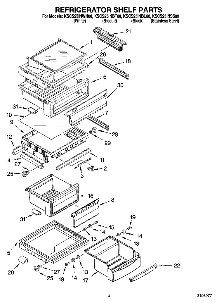 REFRIGERATOR SHELF PARTS Diagram and Parts List for KSCS25INSS00  KitchenAid Refrigerator