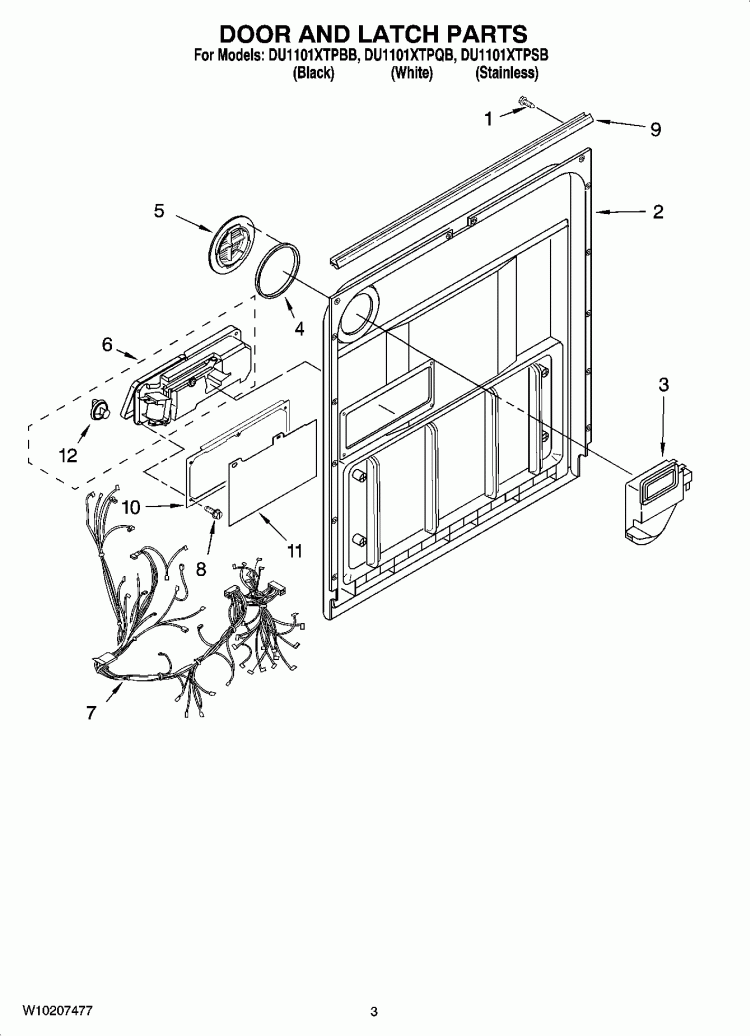 DOOR AND LATCH PARTS Diagram and Parts List for DU1101XTPBB  Whirlpool Dishwasher