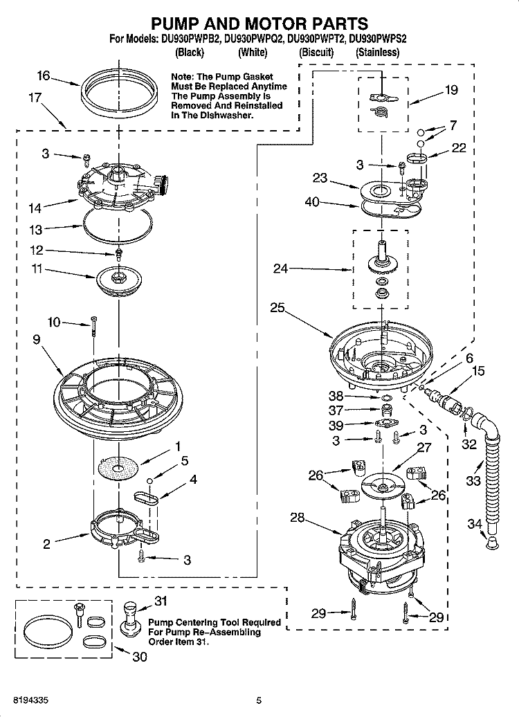 PUMP AND MOTOR PARTS Diagram and Parts List for DU930PWPT2  Whirlpool Dishwasher