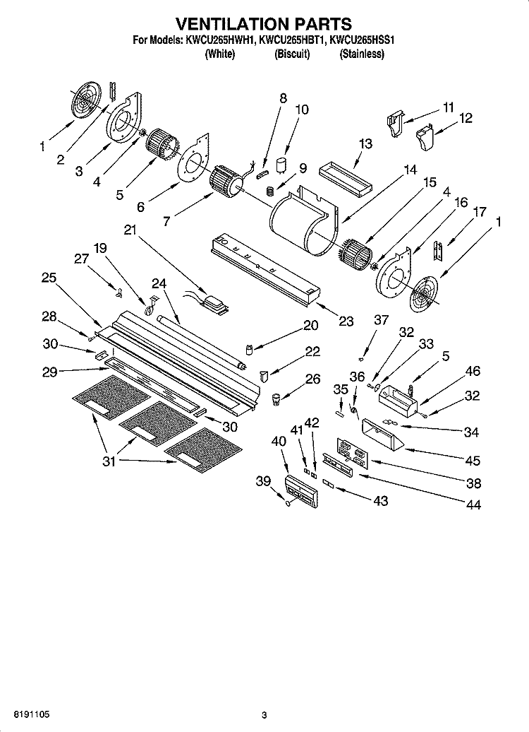 VENTILATION PARTS Diagram and Parts List for KWCU265HWH1  KitchenAid Range Hood