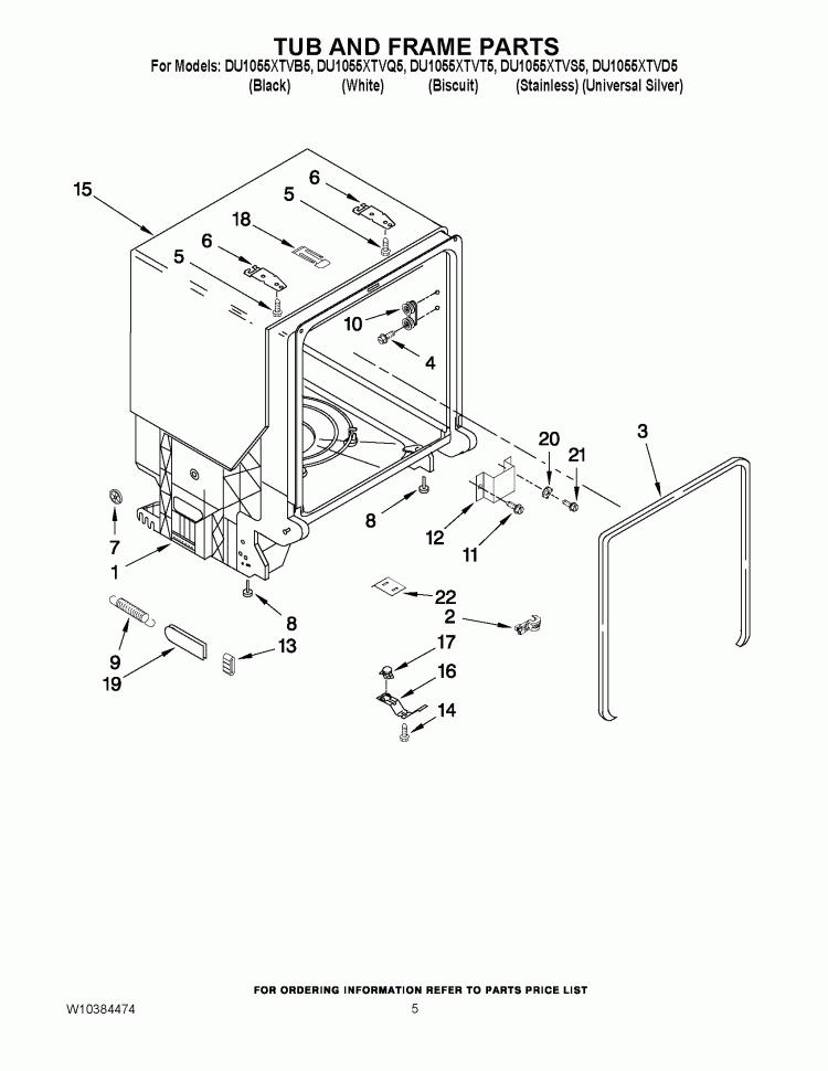 TUB AND FRAME PARTS Diagram and Parts List for DU1055XTVS5  Whirlpool Dishwasher