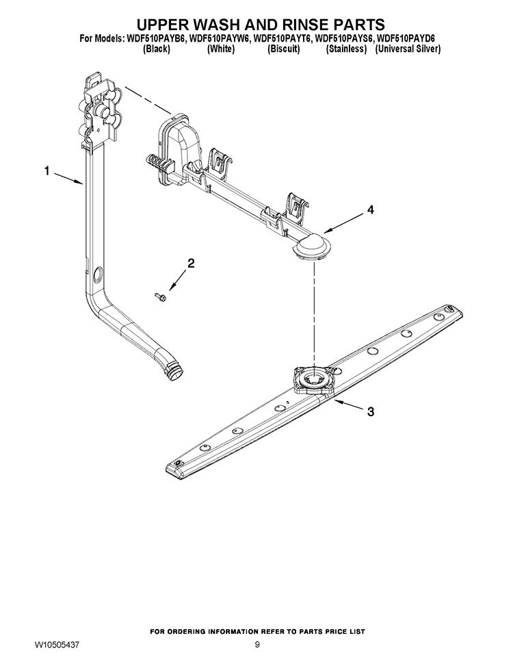 UPPER WASH AND RINSE PARTS Diagram and Parts List for WDF510PAYT6  Whirlpool Dishwasher