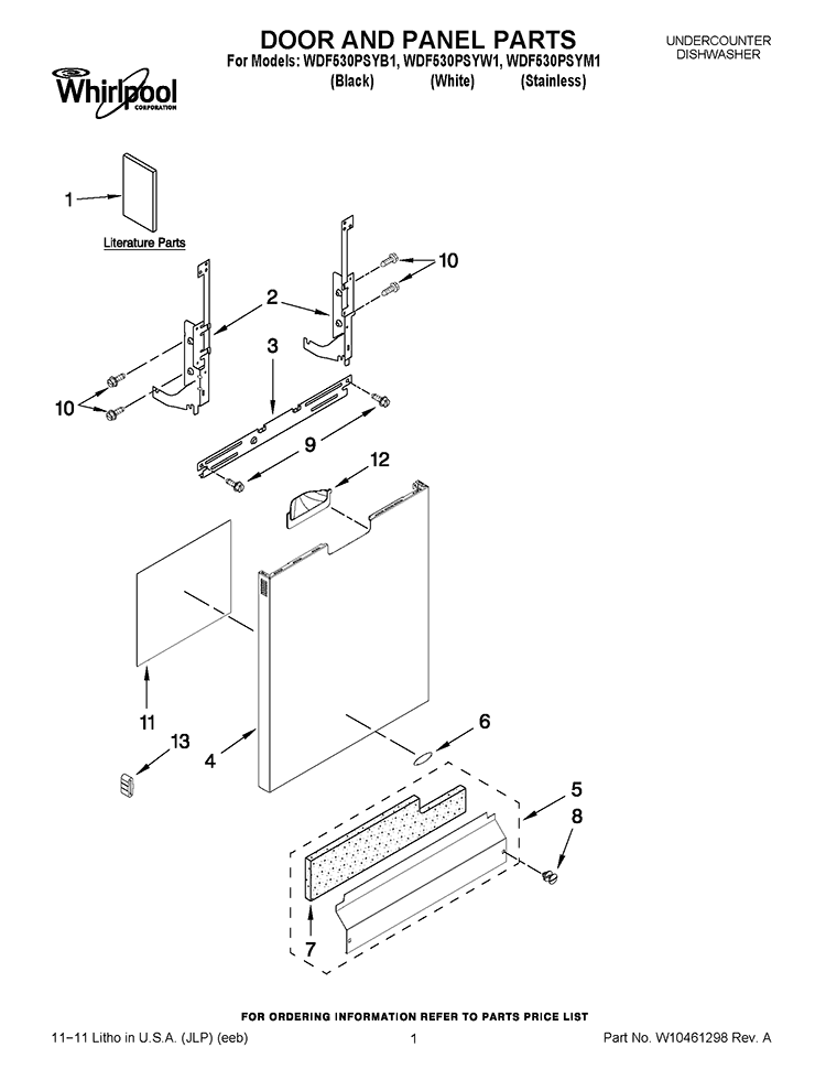 DOOR AND PANEL PARTS Diagram and Parts List for WDF530PSYW1  Whirlpool Dishwasher