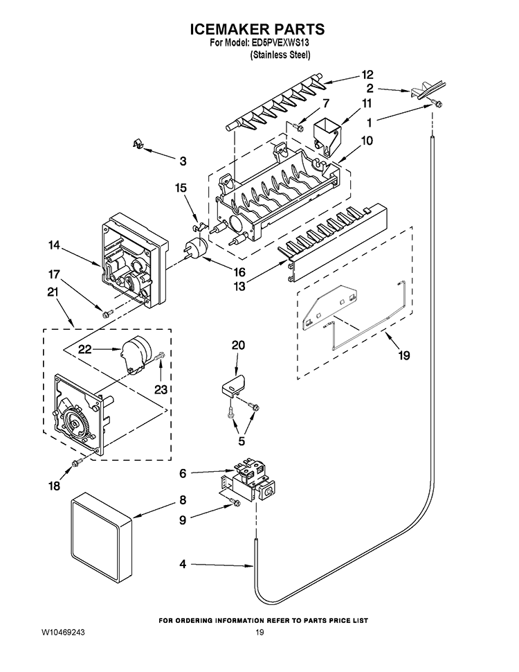 ICEMAKER PARTS Diagram and Parts List for ED5PVEXWS13  Whirlpool Refrigerator