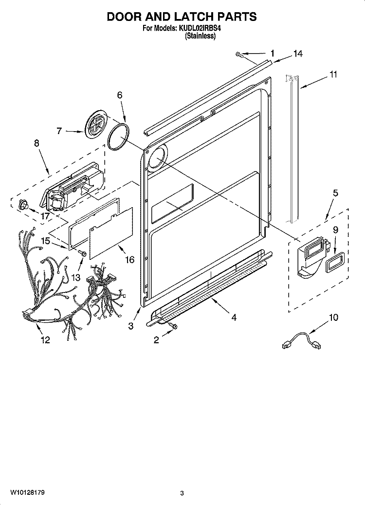 DOOR AND LATCH PARTS Diagram and Parts List for KUDL02IRBS4  KitchenAid Dishwasher