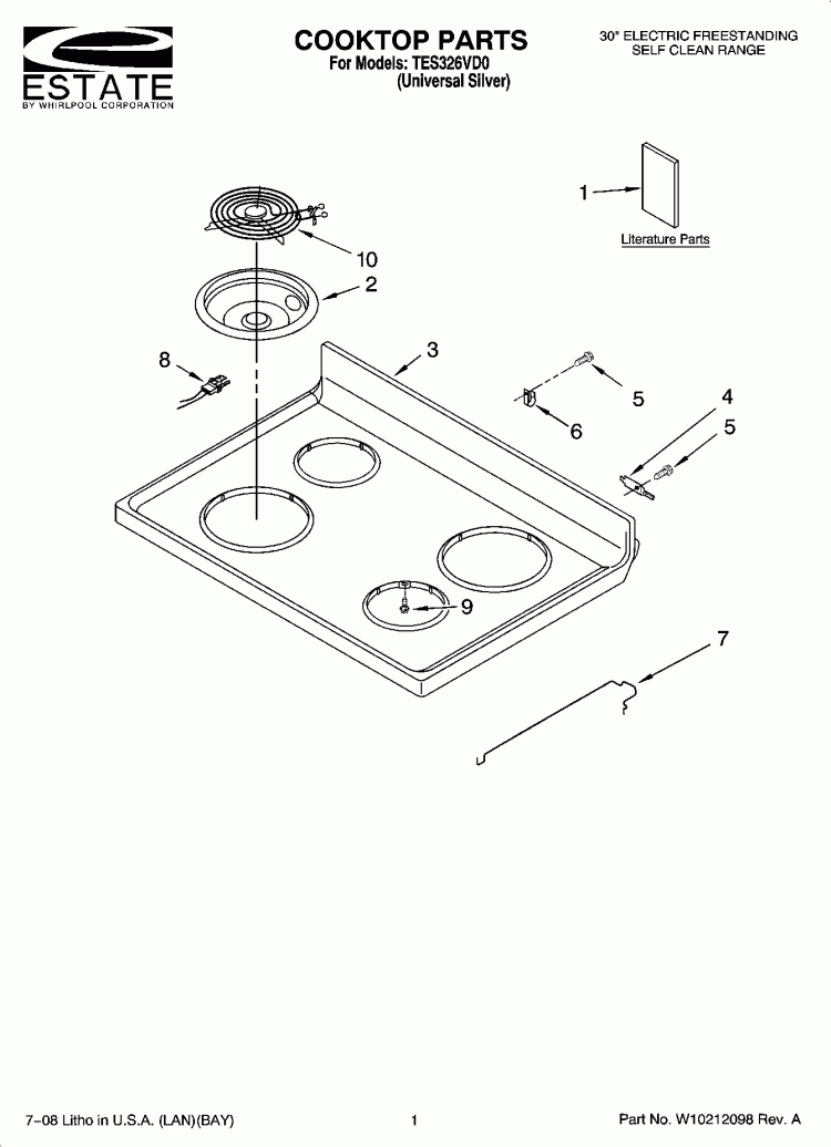 COOKTOP PARTS Diagram and Parts List for TES326VD0  Estate Range