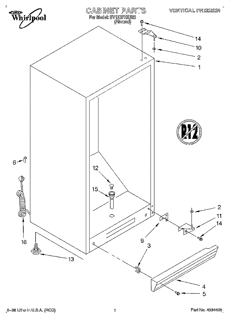 CABINET Diagram and Parts List for EV150FXEN02  Whirlpool Freezer