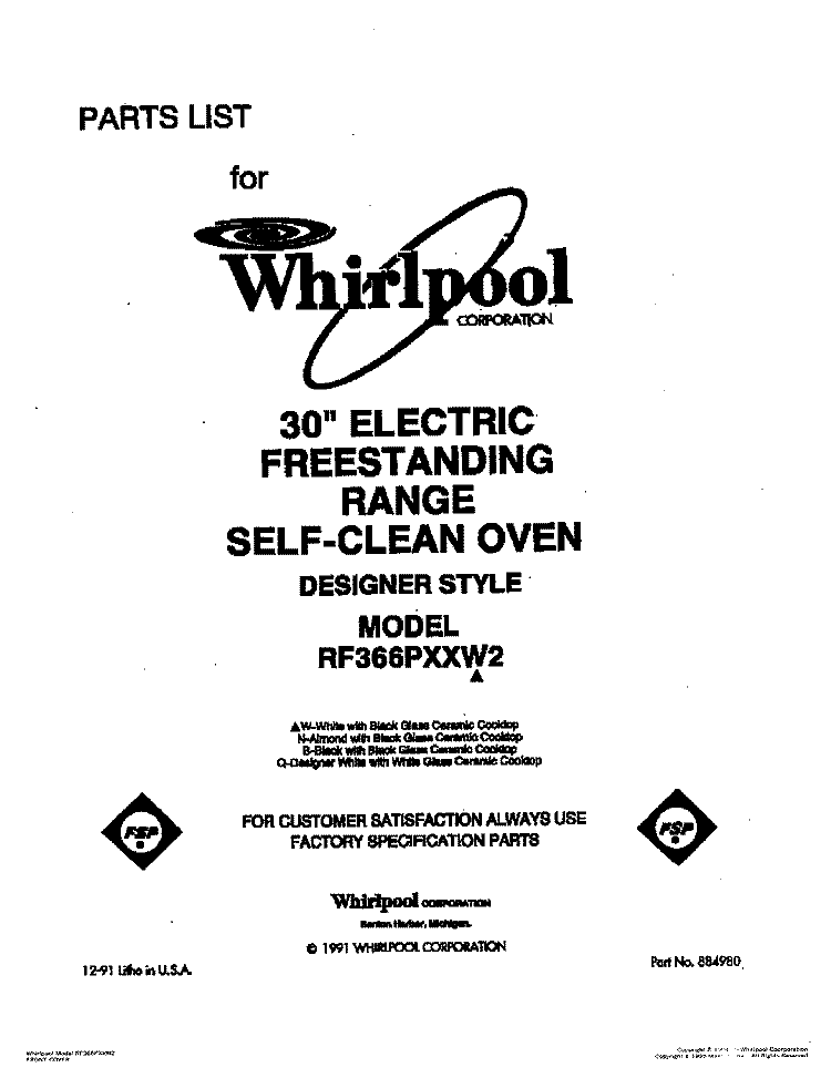 COVER Diagram and Parts List for RF366PXXN2  Whirlpool Range