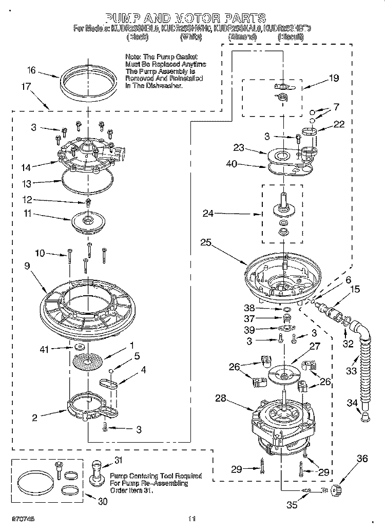PUMP AND MOTOR Diagram and Parts List for KUDR25SHBT0  KitchenAid Dishwasher
