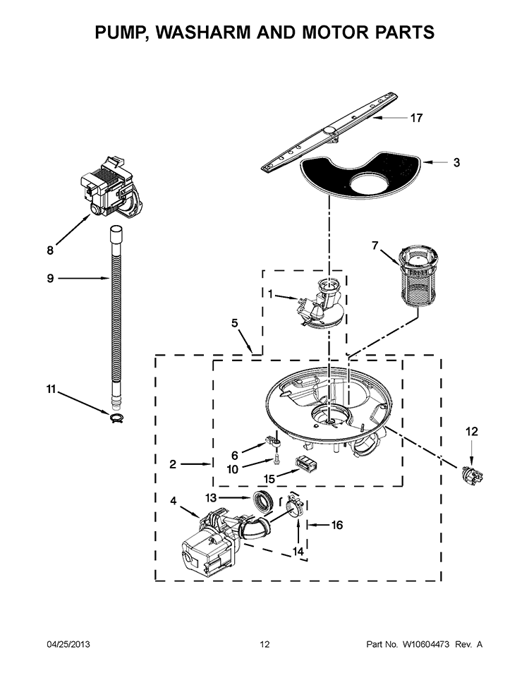 PUMP, WASHARM AND MOTOR PARTS Diagram and Parts List for ADB1400PYB2  Whirlpool Dishwasher