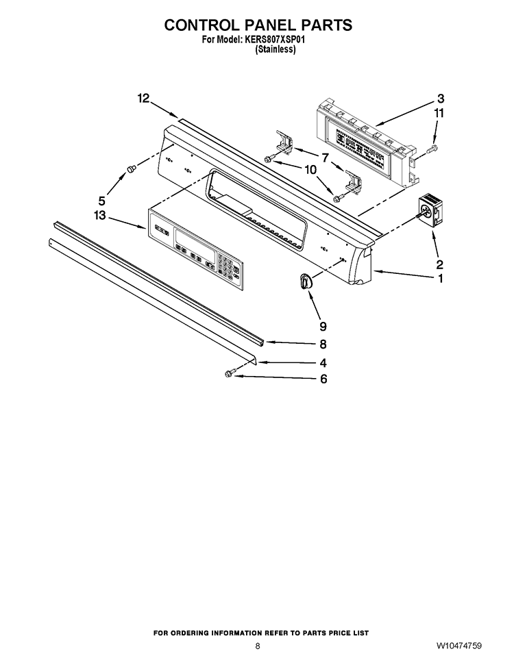 CONTROL PANEL PARTS Diagram and Parts List for KERS807XSP01  KitchenAid Range