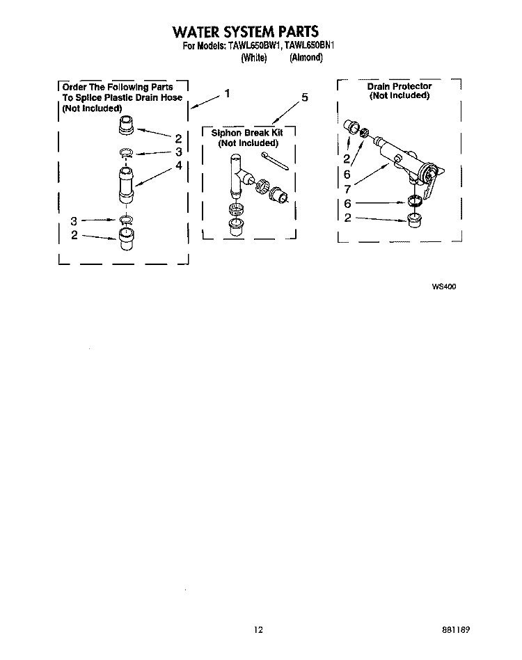 WATER SYSTEM Diagram and Parts List for TAWL650BN1  Estate Washer