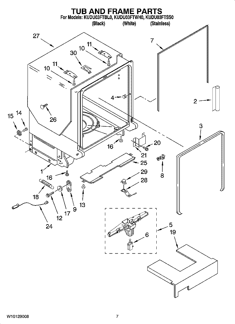 TUB AND FRAME PARTS Diagram and Parts List for KUDU03FTWH0  KitchenAid Dishwasher