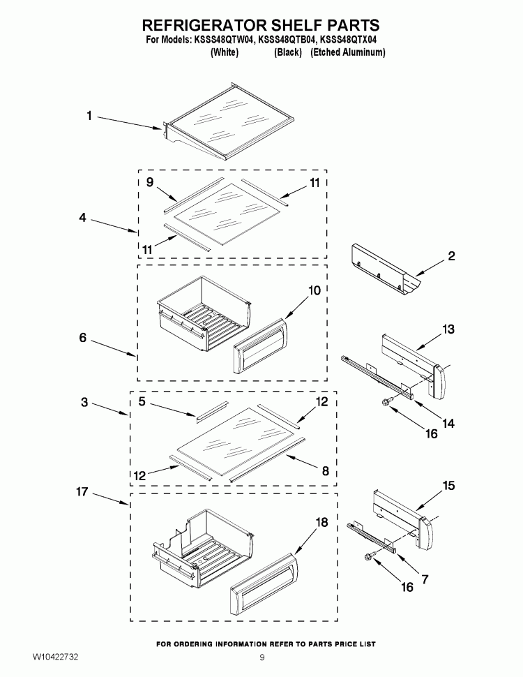 REFRIGERATOR SHELF PARTS Diagram and Parts List for KSSS48QTB04  KitchenAid Refrigerator