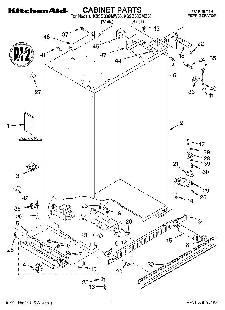 CABINET PARTS Diagram and Parts List for KSSO36QMB00  KitchenAid Refrigerator