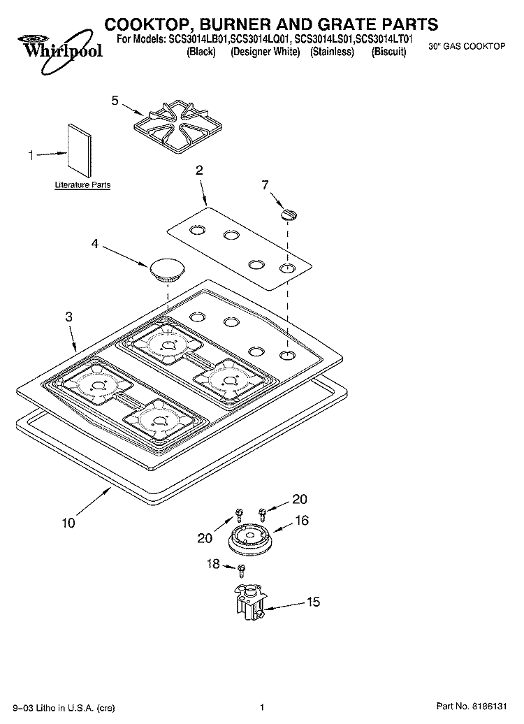 COOKTOP, BURNER AND GRATE PARTS Diagram and Parts List for SCS3014LB01  Whirlpool Cooktop