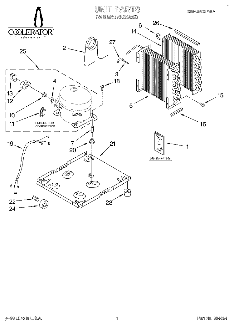 SECTION Diagram and Parts List for AK2500XZ1  Whirlpool Dehumidifier