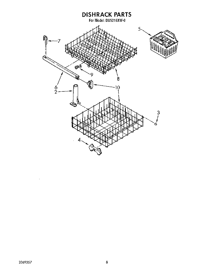 DISHRACK Diagram and Parts List for DU5216XW0  Whirlpool Dishwasher