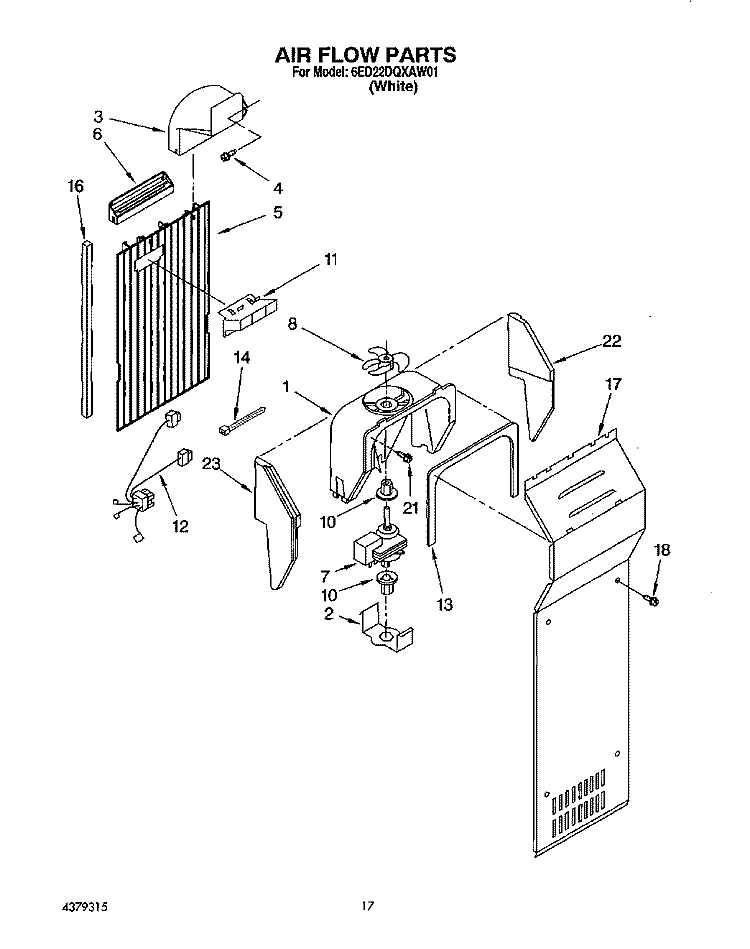 AIR FLOW Diagram and Parts List for 6ED22DQXAW01  Whirlpool Refrigerator