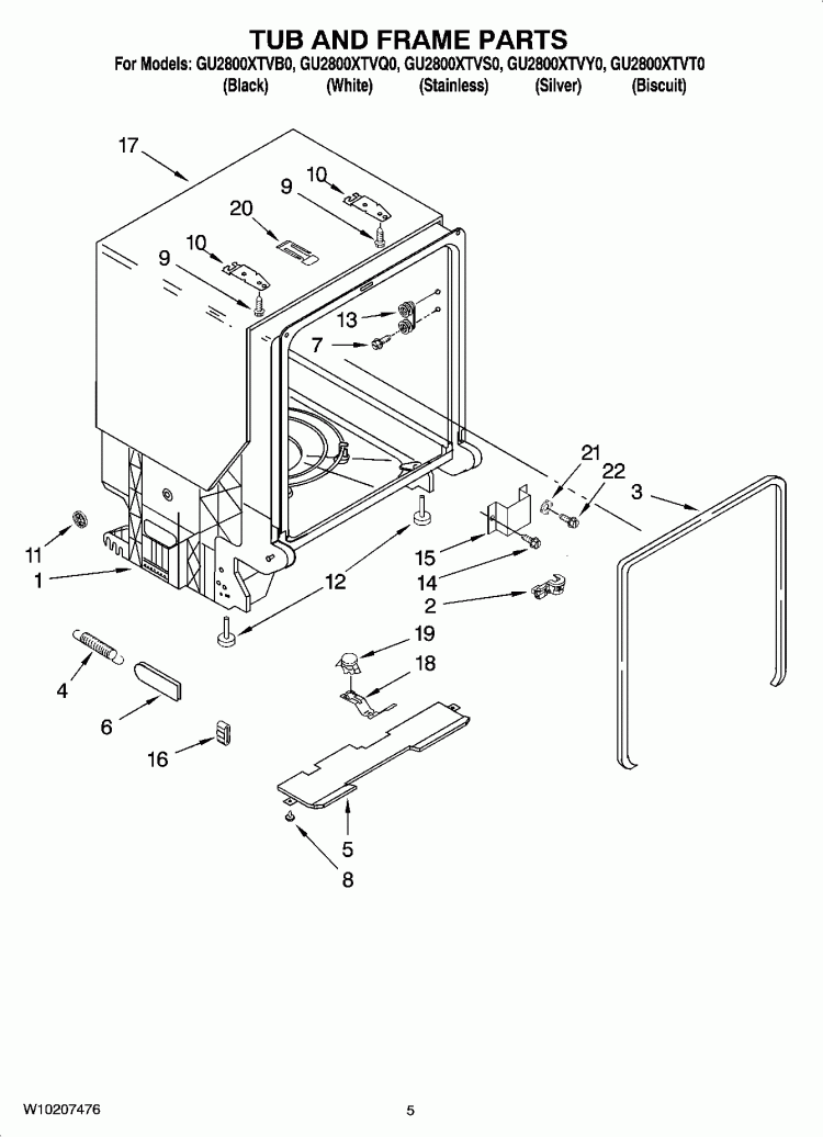 TUB AND FRAME PARTS Diagram and Parts List for GU2800XTVB0  Whirlpool Dishwasher