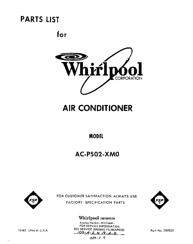 COVER Diagram and Parts List for ACP502XM0  Whirlpool Air Conditioner