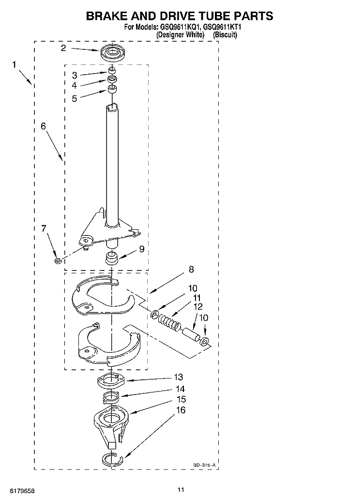 BRAKE AND DRIVE TUBE Diagram and Parts List for GSQ9611KQ1  Whirlpool Washer