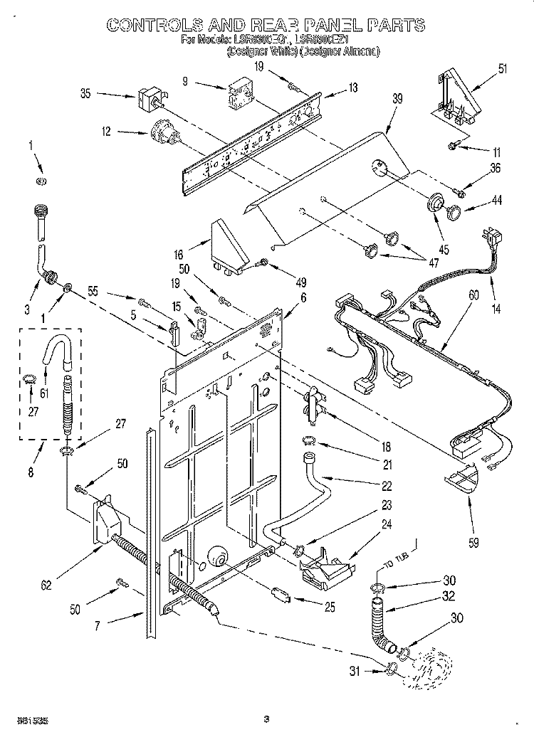 CONTROLS AND REAR PANEL Diagram and Parts List for LSR8300EQ1  Whirlpool Washer