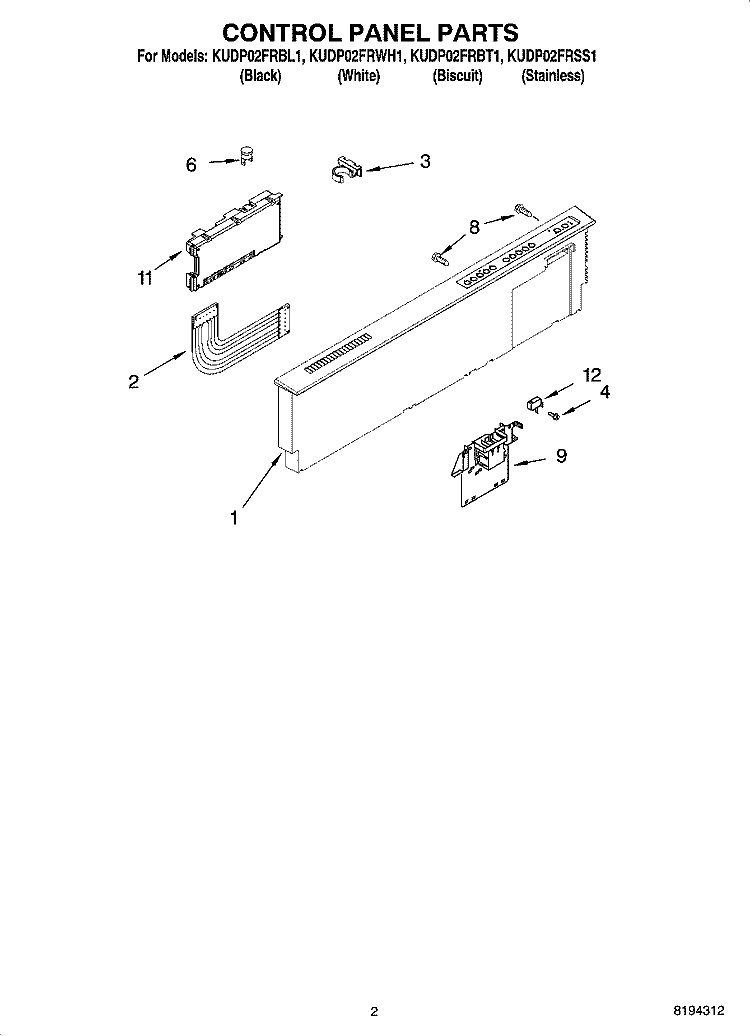 CONTROL PANEL PARTS Diagram and Parts List for KUDP02FRWH1  KitchenAid Dishwasher