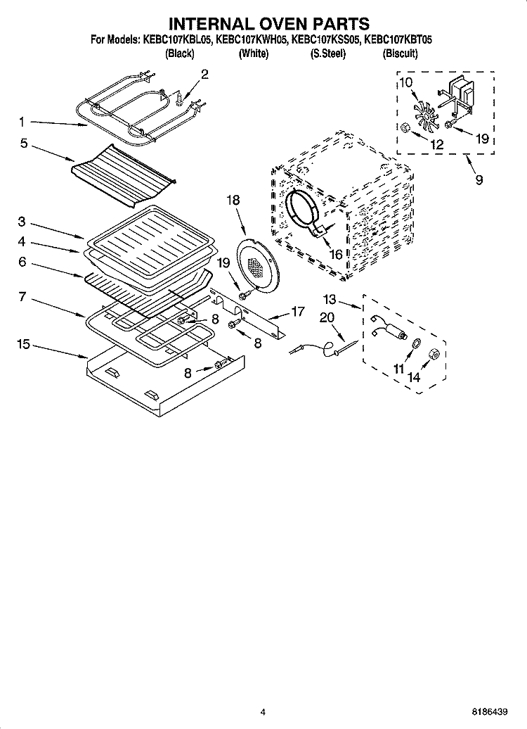 INTERNAL OVEN PARTS Diagram and Parts List for KEBC107KBL05  KitchenAid Wall Oven