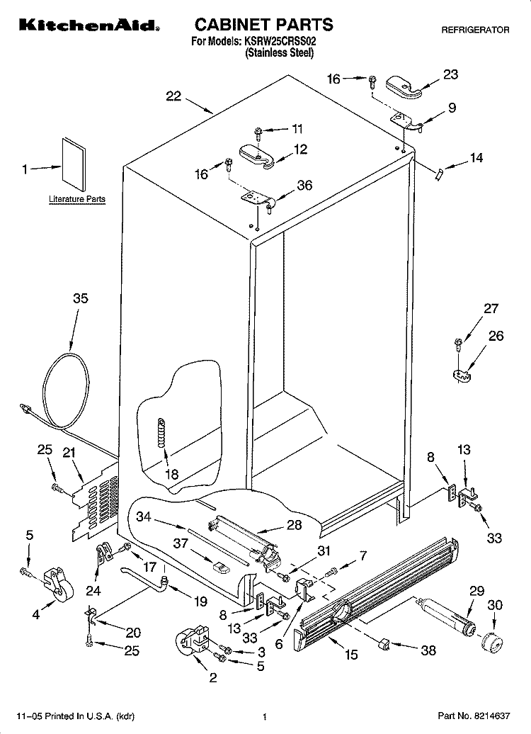CABINET PARTS Diagram and Parts List for KSRW25CRSS02  KitchenAid Refrigerator