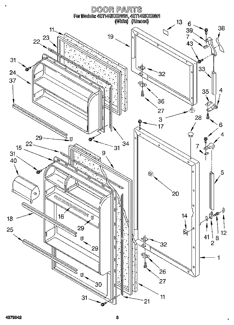 DOOR Diagram and Parts List for 4ET14GKXBN01  Whirlpool Refrigerator
