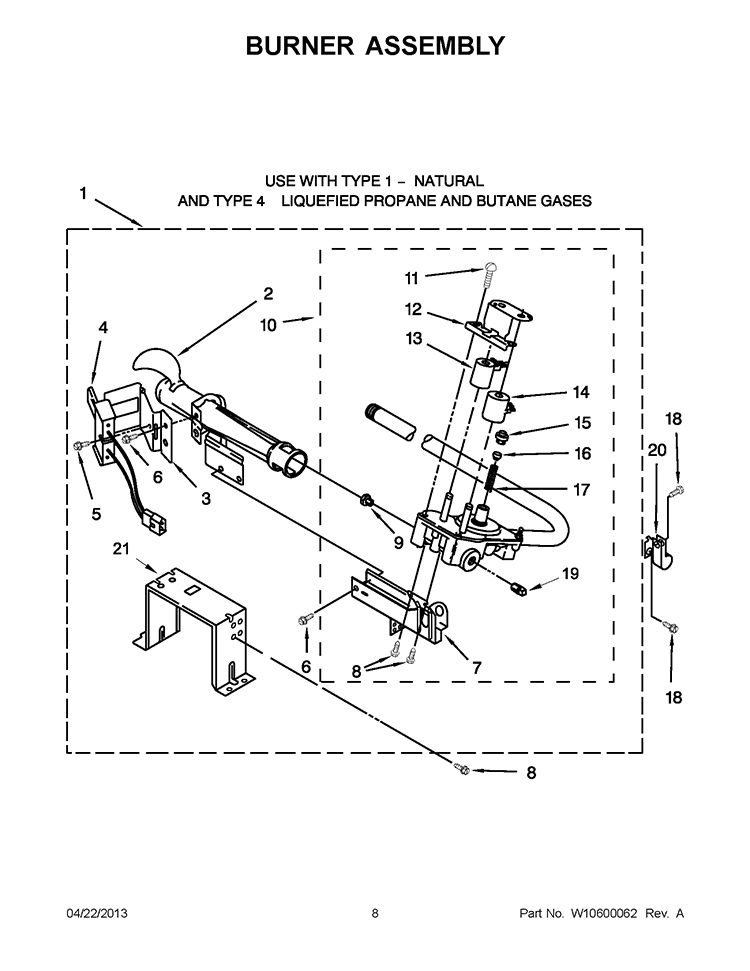 BURNER ASSEMBLY Diagram and Parts List for 7MWGD5600BW0  Whirlpool Dryer