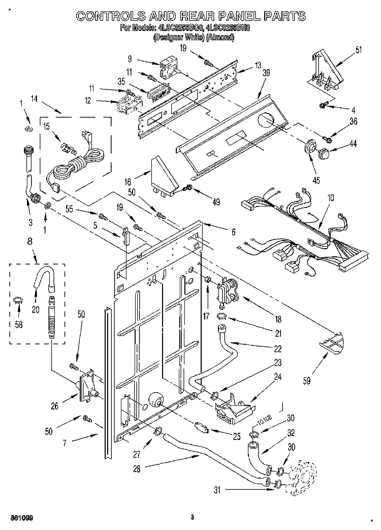 CONTROLS AND REAR PANEL Diagram and Parts List for 4LSC8255BQ0  Whirlpool Washer