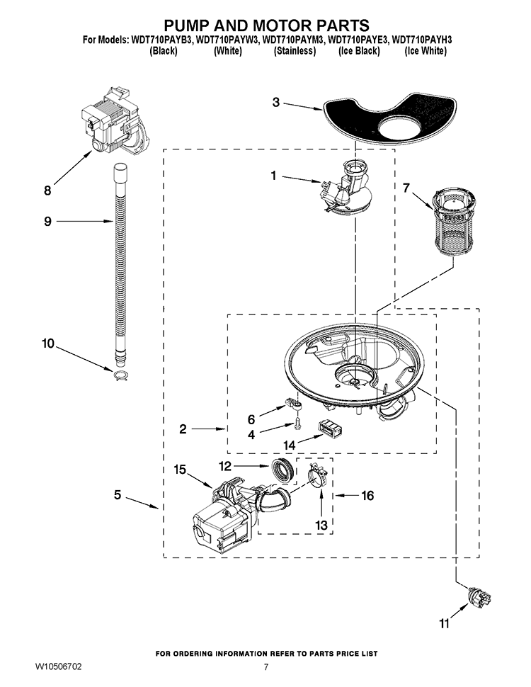 PUMP AND MOTOR PARTS Diagram and Parts List for WDT710PAYB3  Whirlpool Dishwasher