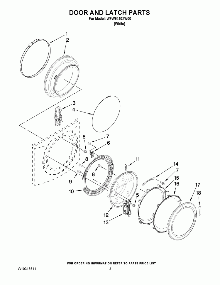 DOOR AND LATCH PARTS Diagram and Parts List for WFW9410XW00  Whirlpool Washer